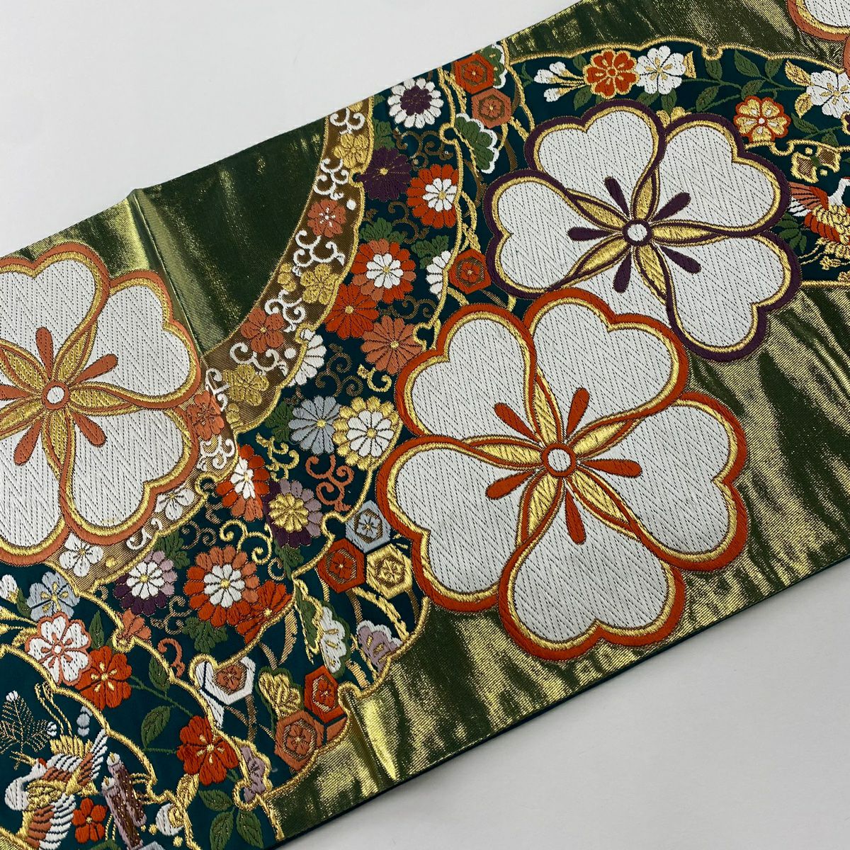 袋帶 秀品級 櫻花 寶物滿載 金絲 唐織 綠色 六通 純蠶絲