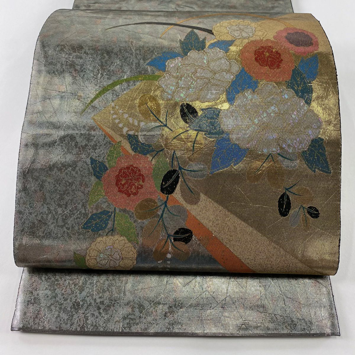 袋帶 秀品級 關西仕立 紅牡丹 萩 螺鈿金金箔 金金箔 銀 お太鼓圖案 純蠶絲