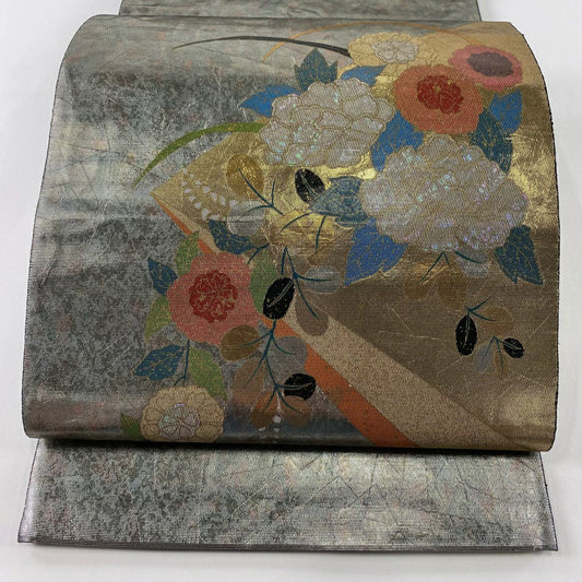 袋帶 秀品級 關西仕立 紅牡丹 萩 螺鈿金金箔 金金箔 銀 お太鼓圖案 純蠶絲