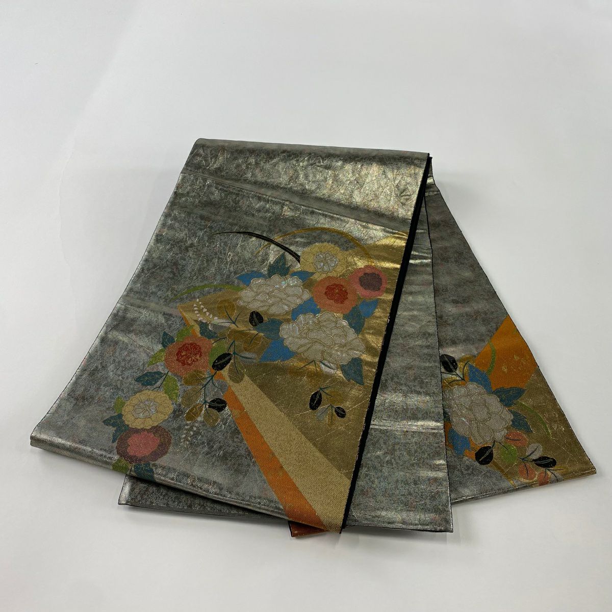 袋帶 秀品級 關西仕立 紅牡丹 萩 螺鈿金金箔 金金箔 銀 お太鼓圖案 純蠶絲