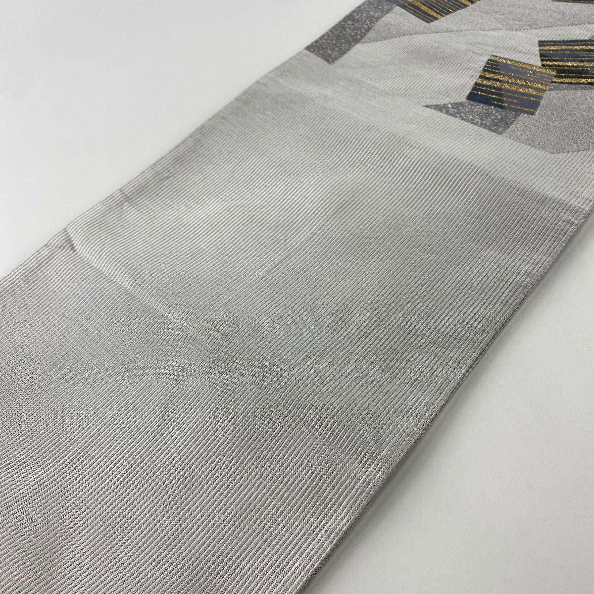 【美品】 袋帶 秀品級 幾何圖案 斜紋 銀線 金金箔 灰色 大鼓圖案 純蠶絲