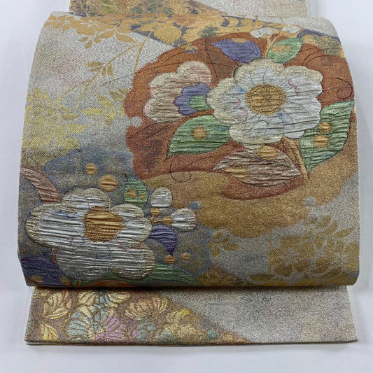 【美品】 袋帶 優品級 草花紋 椿 金金箔 金色 大鼓圖案 純蠶絲