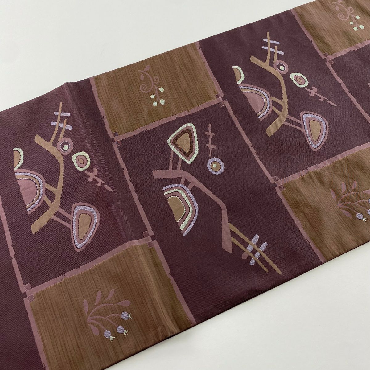 【美品】 袋帶 秀品級 草花紋紋 幾何圖案 紫 六通 純蠶絲