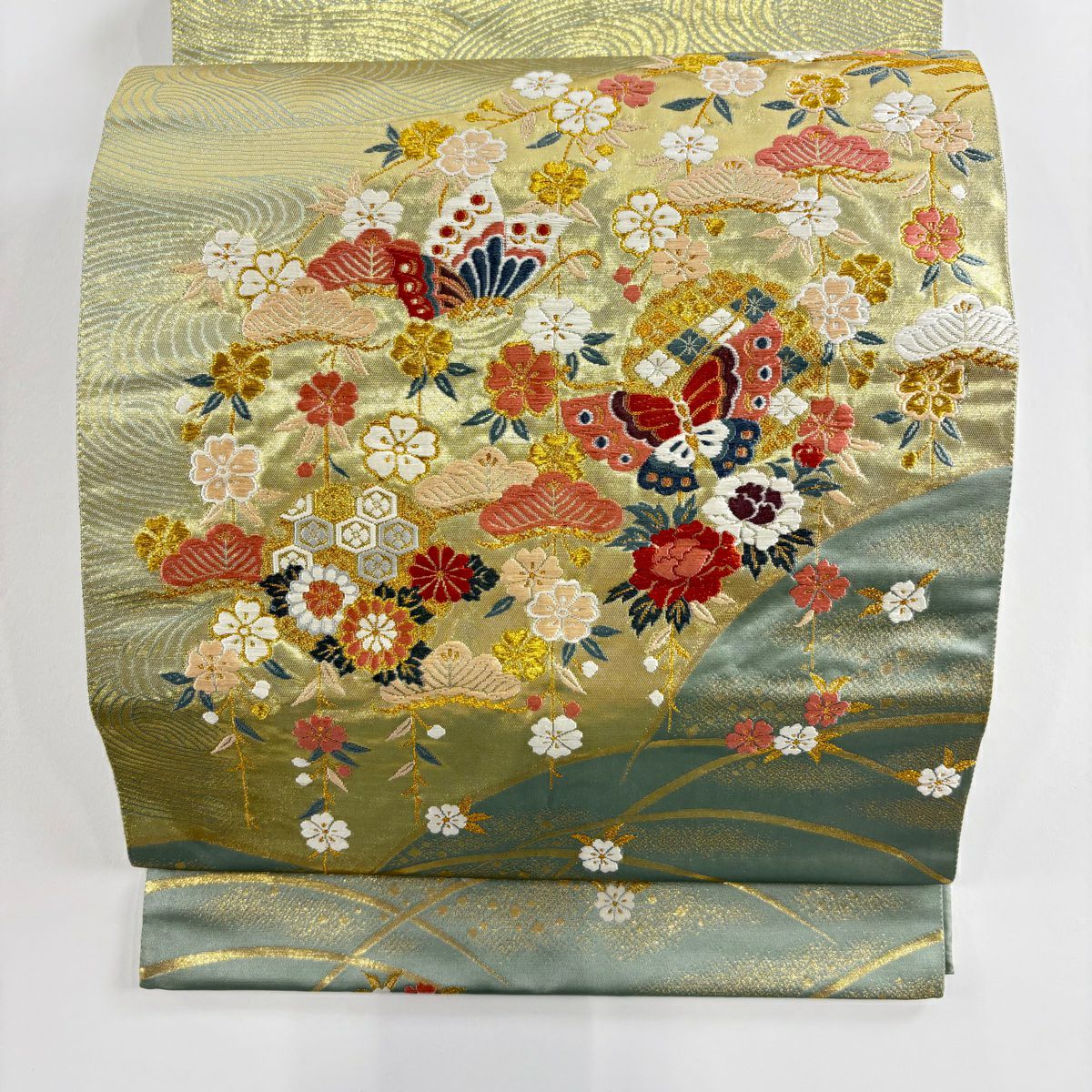 【美品】 袋帶 秀品級 樱花 蝴蝶 金金箔 金絲 淺綠 お太鼓圖案 純蠶絲