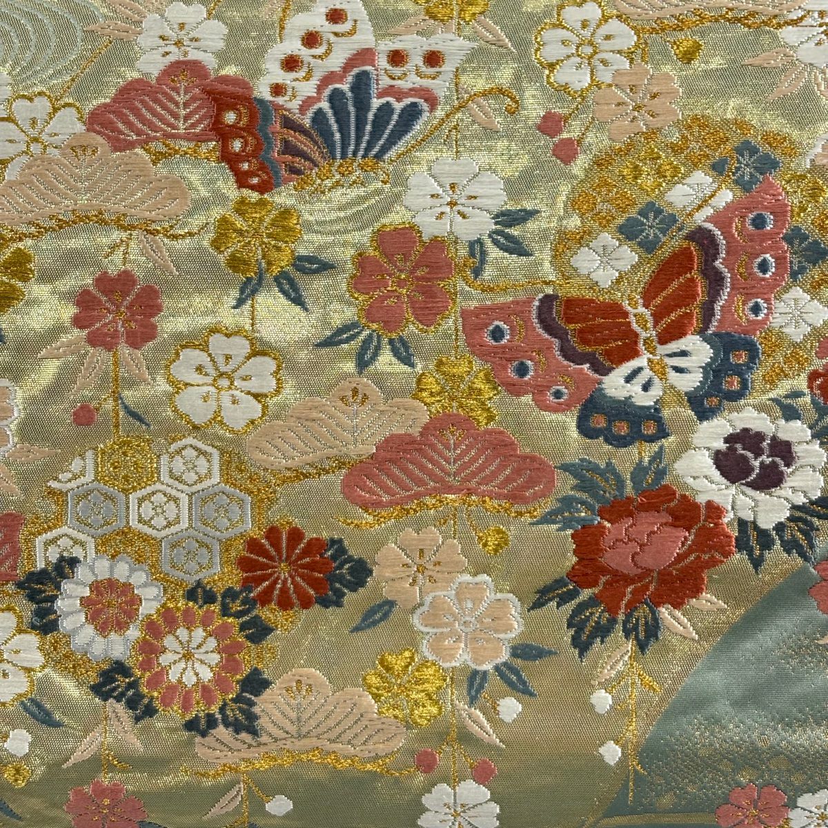 【美品】 袋帶 秀品級 樱花 蝴蝶 金金箔 金絲 淺綠 お太鼓圖案 純蠶絲