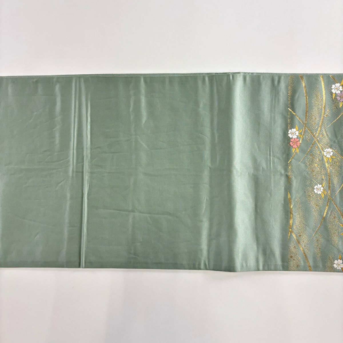 【美品】 袋帶 秀品級 樱花 蝴蝶 金金箔 金絲 淺綠 お太鼓圖案 純蠶絲