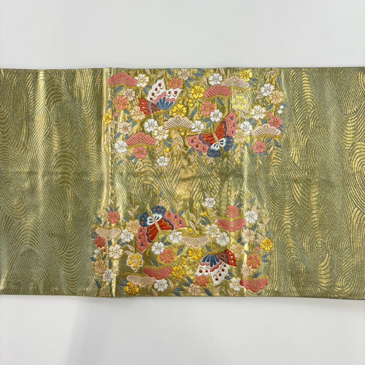【美品】 袋帶 秀品級 樱花 蝴蝶 金金箔 金絲 淺綠 お太鼓圖案 純蠶絲