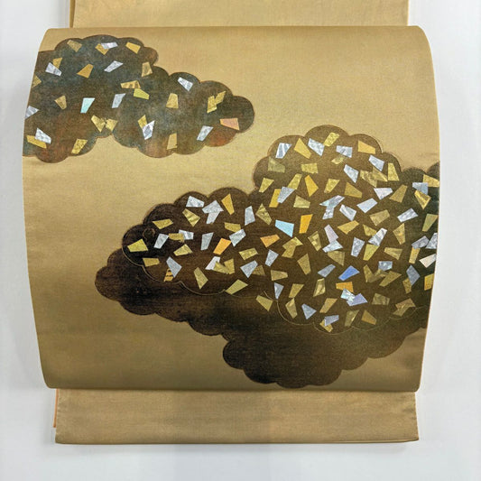 袋帶 秀品級 金金箔散佈 雲紋 金銀彩 金 山吹色 大鼓圖案 純蠶絲