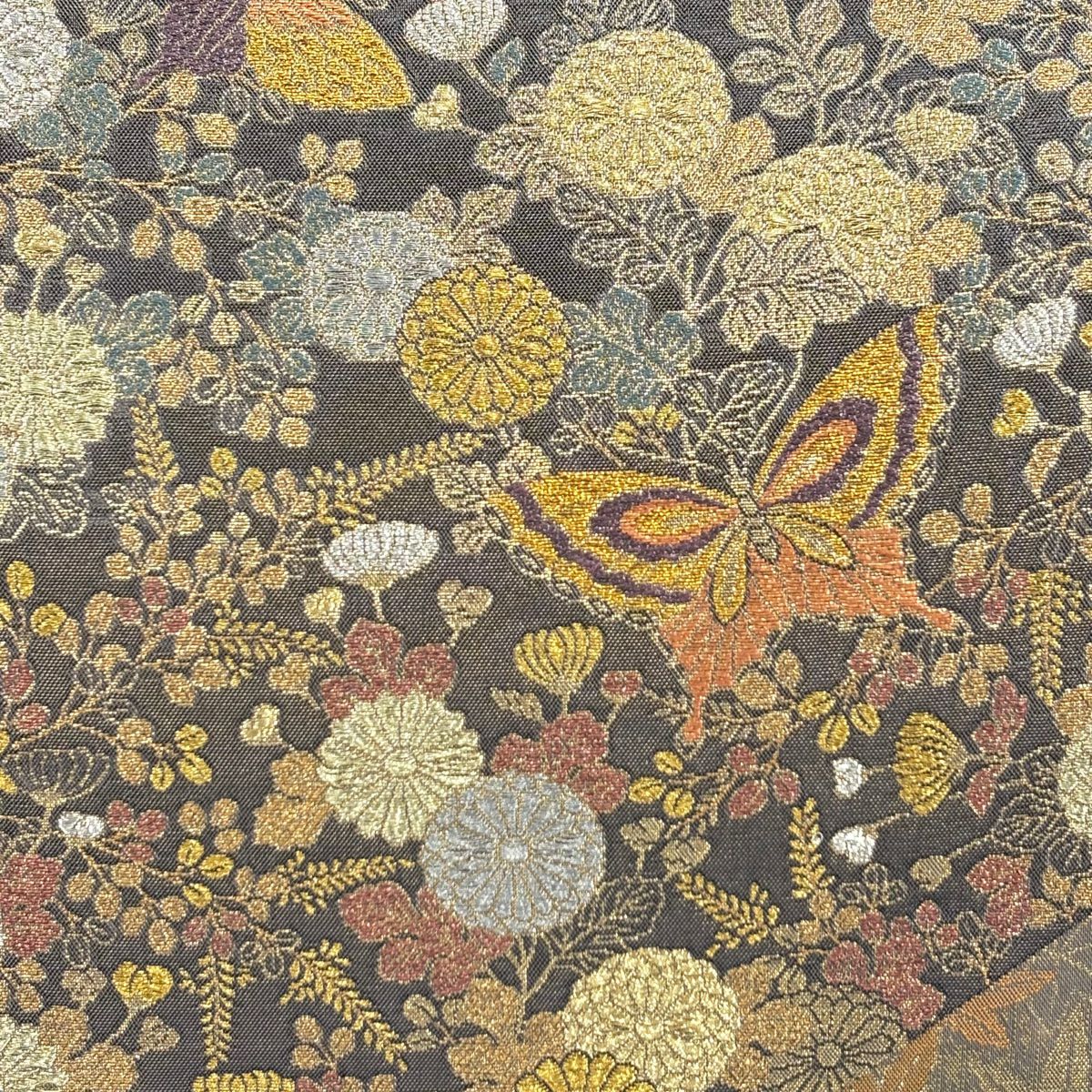 【美品】 袋帶 秀品級 蝶 菊花 金銀彩 金金箔 灰茶 六通 純蠶絲