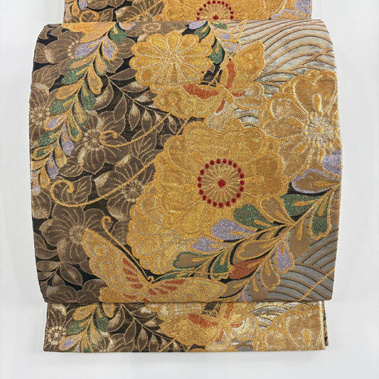 袋帶 秀品級 振袖禮服禮服用 蝶 草花紋 金絲 金金箔 金色 六通 純蠶絲