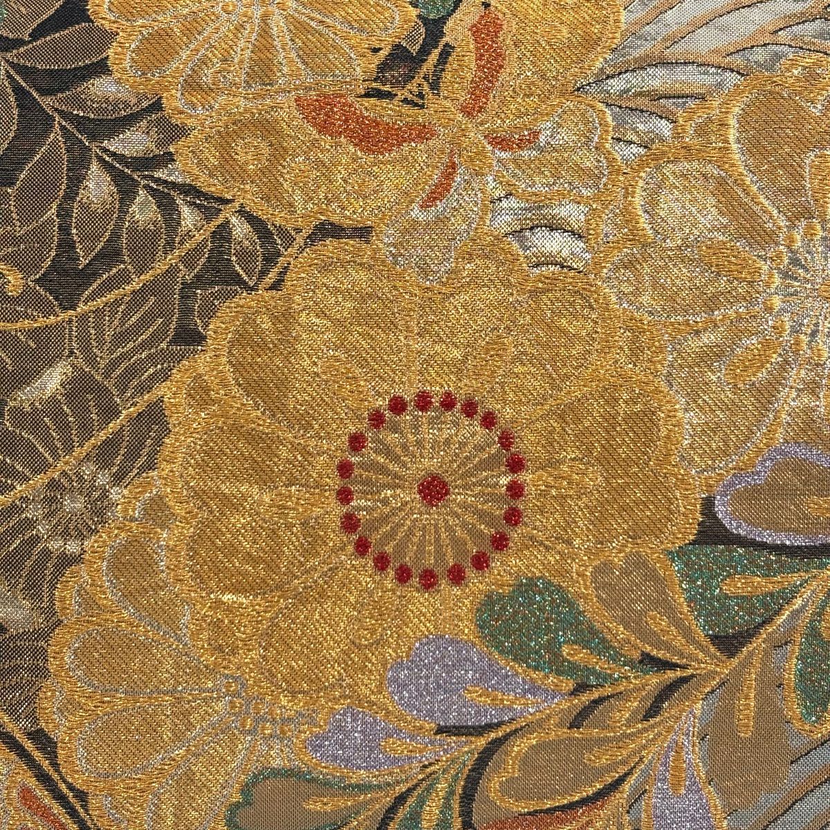 袋帶 秀品級 振袖禮服禮服用 蝶 草花紋 金絲 金金箔 金色 六通 純蠶絲
