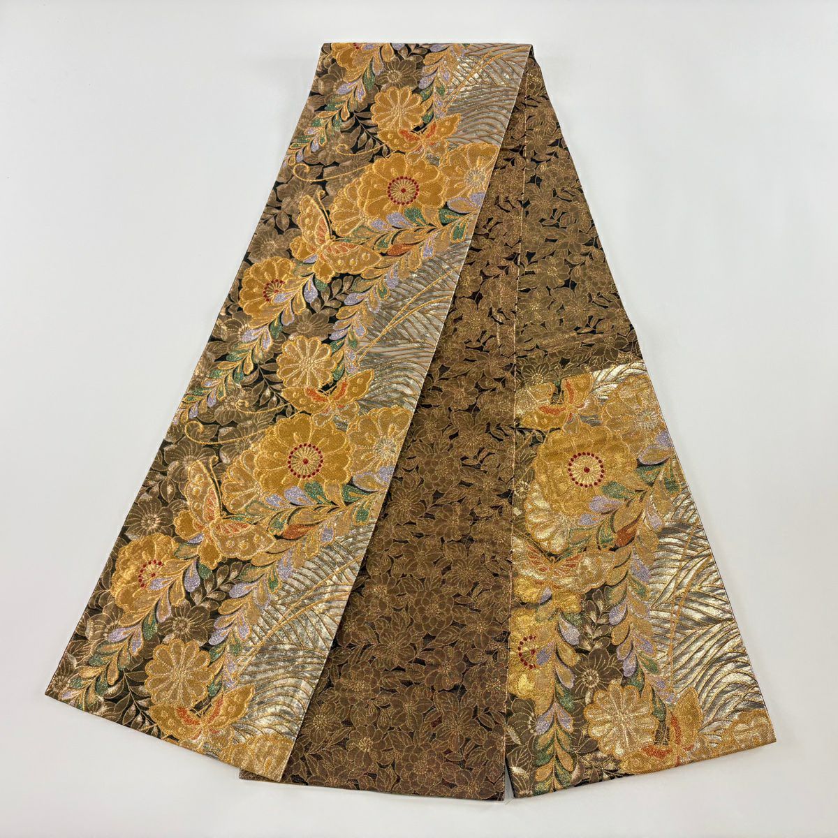 袋帶 秀品級 振袖禮服禮服用 蝶 草花紋 金絲 金金箔 金色 六通 純蠶絲