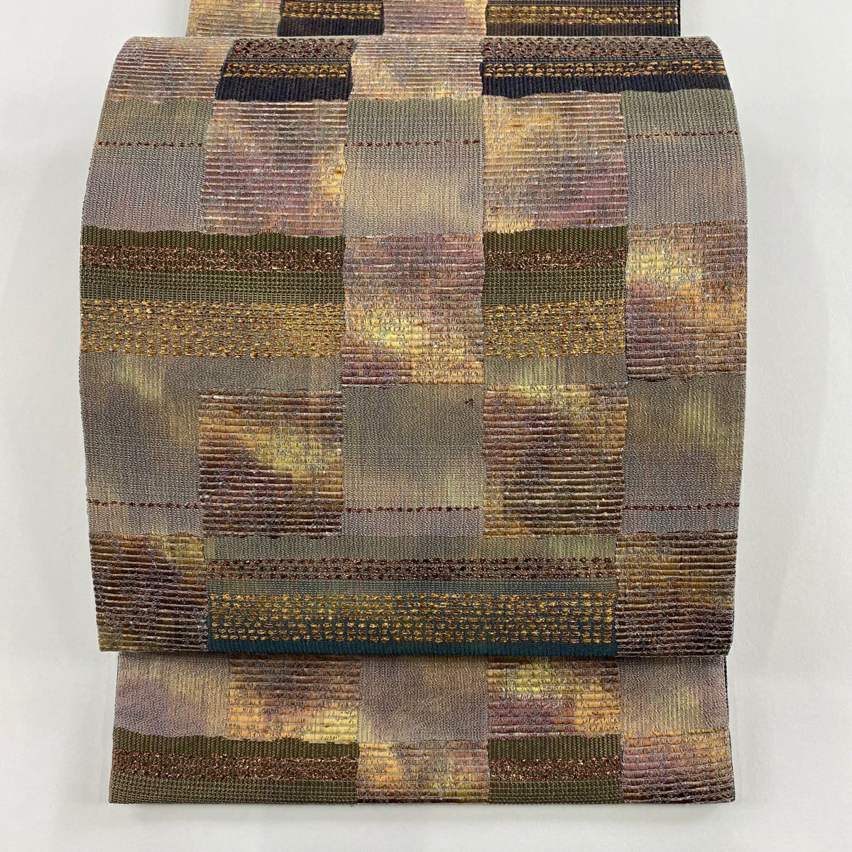 【美品】 袋帶 秀品級 市松樹 縞 金金箔 灰綠 六通 純蠶絲