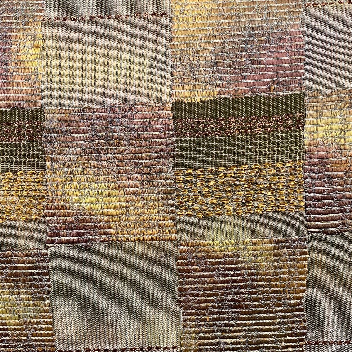 【美品】 袋帶 秀品級 市松樹 縞 金金箔 灰綠 六通 純蠶絲