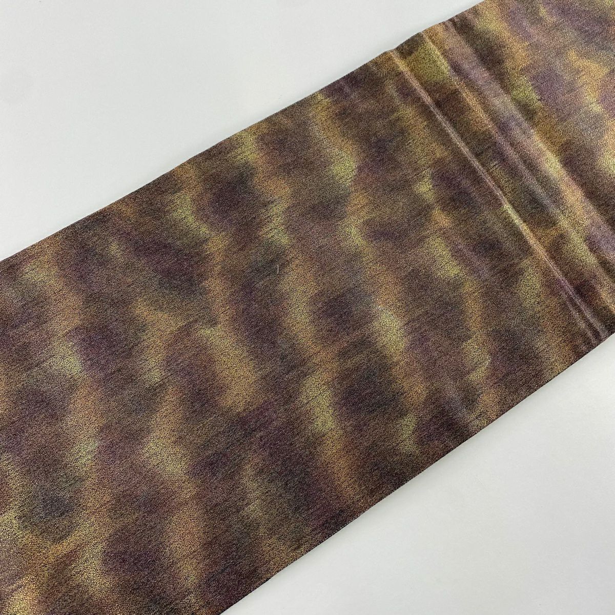 【美品】 袋帶 秀品級 市松樹 縞 金金箔 灰綠 六通 純蠶絲