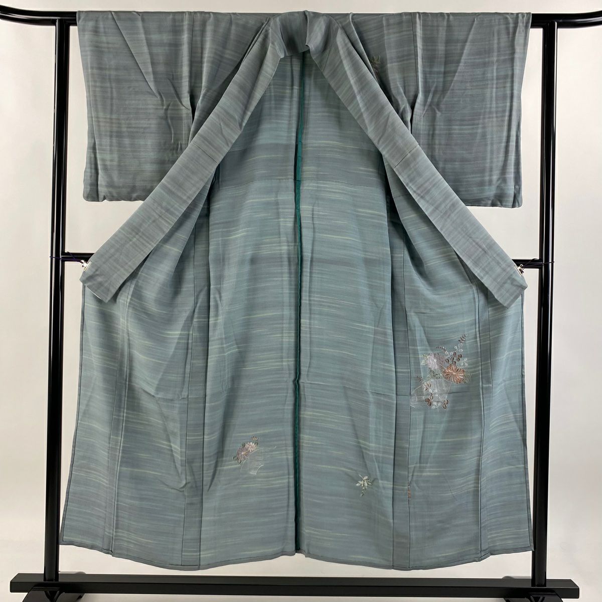 【庫存清倉】 付下 身長151cm 袖長60cm S 單層 扇子面 菊花花 金絲 刺繡 青灰色 純蠶絲 優品級
