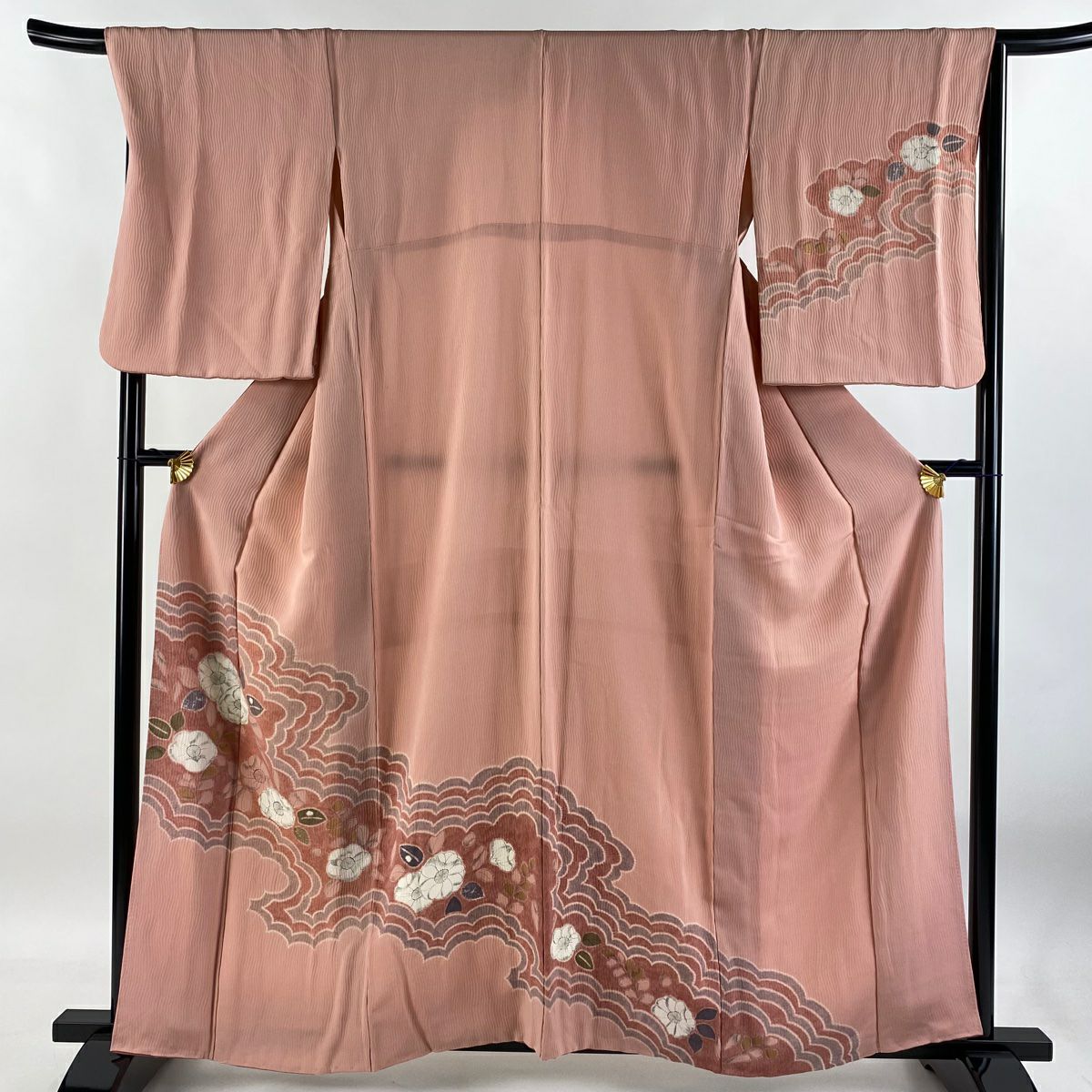 【庫存清倉】訪問服 身長160cm 袖長67.5cm L 雙層 椿 雲紋 絞染 縮緬 粉紅 純蠶絲 優品級