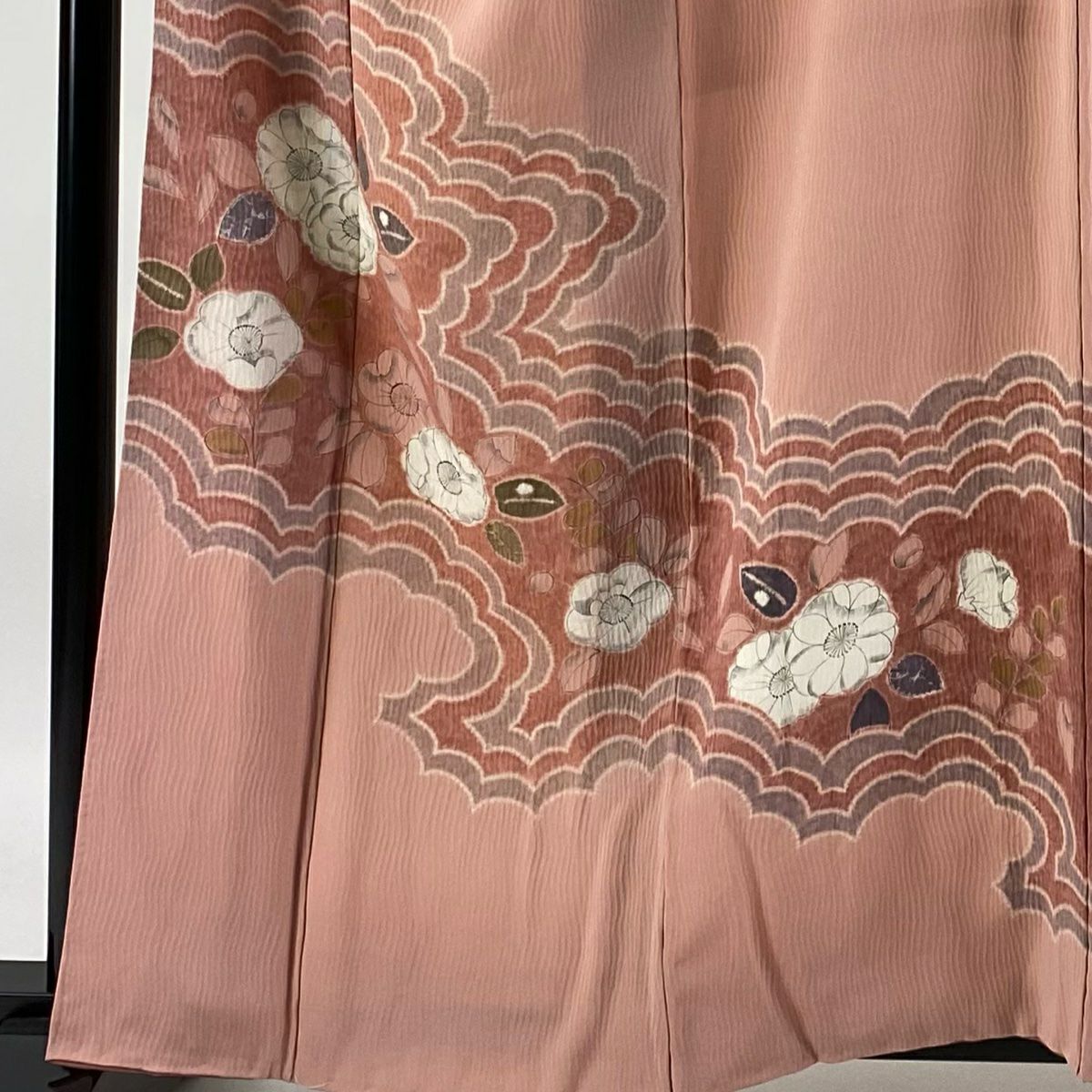 【庫存清倉】訪問服 身長160cm 袖長67.5cm L 雙層 椿 雲紋 絞染 縮緬 粉紅 純蠶絲 優品級