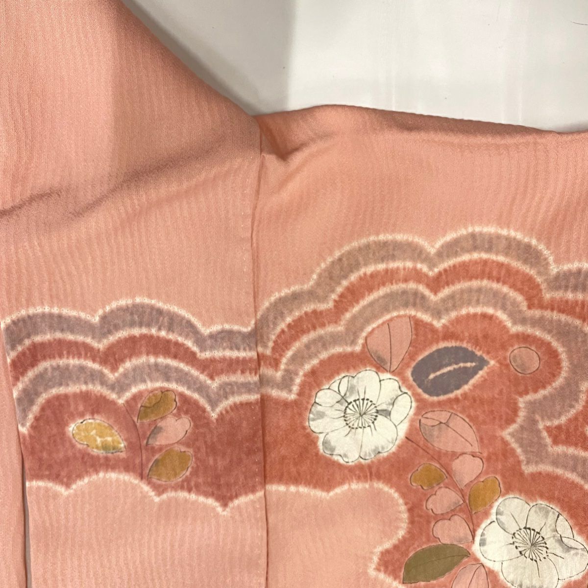 【庫存清倉】訪問服 身長160cm 袖長67.5cm L 雙層 椿 雲紋 絞染 縮緬 粉紅 純蠶絲 優品級