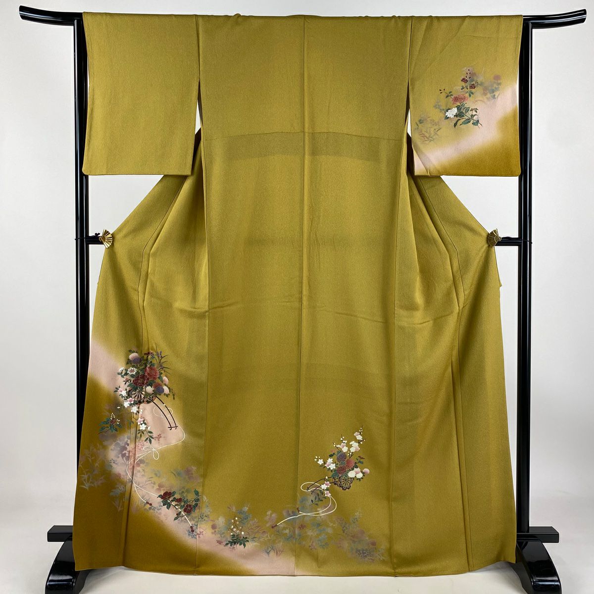 【庫存清倉】 付下 身長167cm 袖長64cm M 雙層 花車 草花紋 金彩裝飾 漸層 黃土 純蠶絲 優品級