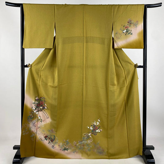 【庫存清倉】 付下 身長167cm 袖長64cm M 雙層 花車 草花紋 金彩裝飾 漸層 黃土 純蠶絲 優品級