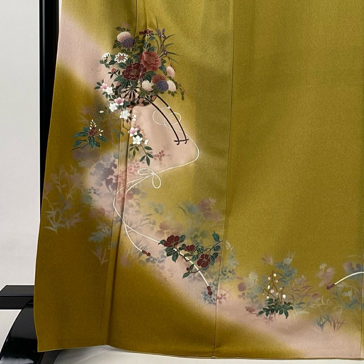 【庫存清倉】 付下 身長167cm 袖長64cm M 雙層 花車 草花紋 金彩裝飾 漸層 黃土 純蠶絲 優品級