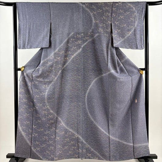 【庫存清倉】訪問服 身長162cm 袖長63cm S 雙層 附有落款 草花紋紋 芝色 漸層 青灰 純蠶絲 美品 秀品級