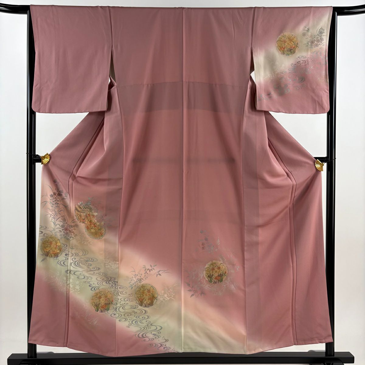 【清倉特賣】 付下 身長155cm 袖長63.5cm S 雙層 雪輪 流水 刺繡 金銀彩 粉紅 純蠶絲 優品級