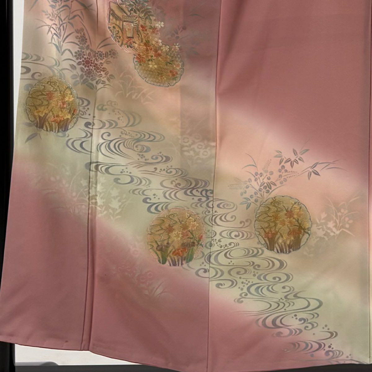 【清倉特賣】 付下 身長155cm 袖長63.5cm S 雙層 雪輪 流水 刺繡 金銀彩 粉紅 純蠶絲 優品級