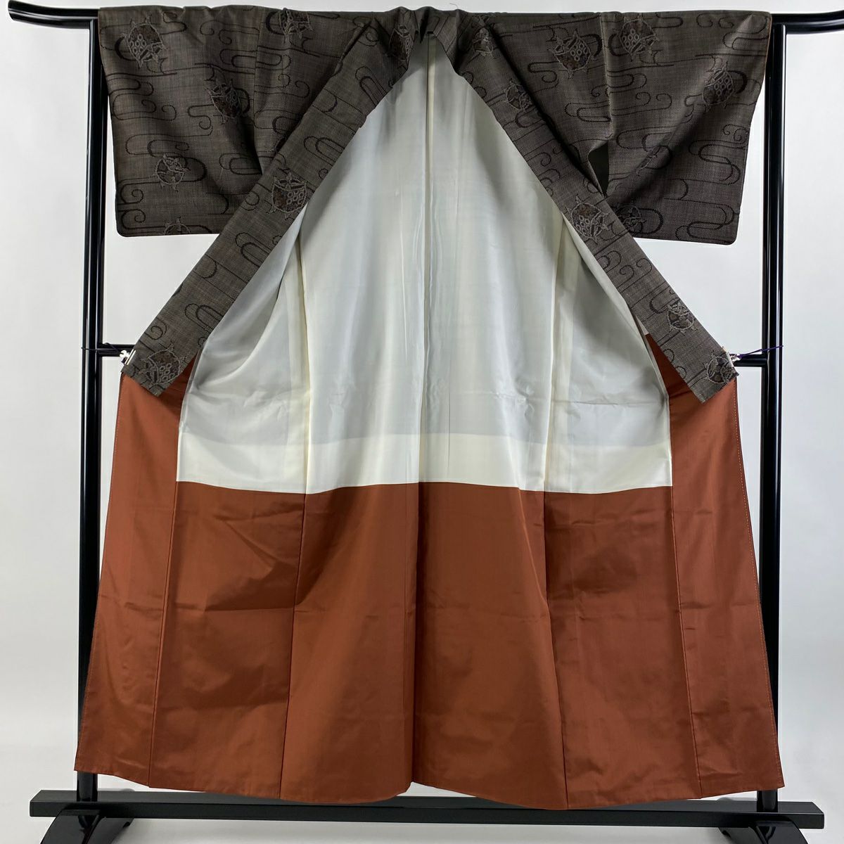 【庫存清倉】 紬織 身長155cm 袖長65cm M 雙層 線卷 流水 焦茶 純蠶絲 美品 秀品級