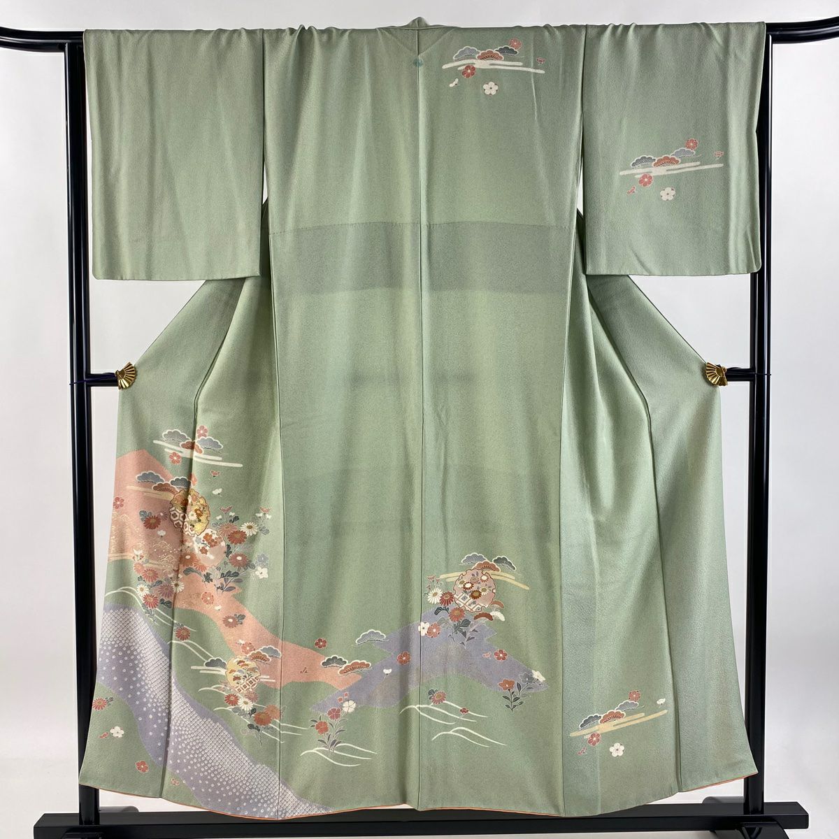【庫存清倉】訪問服 身長151.5cm 袖長66.5cm M 雙層 雪輪 菊花花 金銀彩 染分 薄綠 純蠶絲 優品級 一個紋