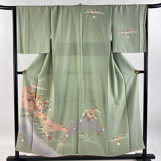 【庫存清倉】訪問服 身長151.5cm 袖長66.5cm M 雙層 雪輪 菊花花 金銀彩 染分 薄綠 純蠶絲 優品級 一個紋