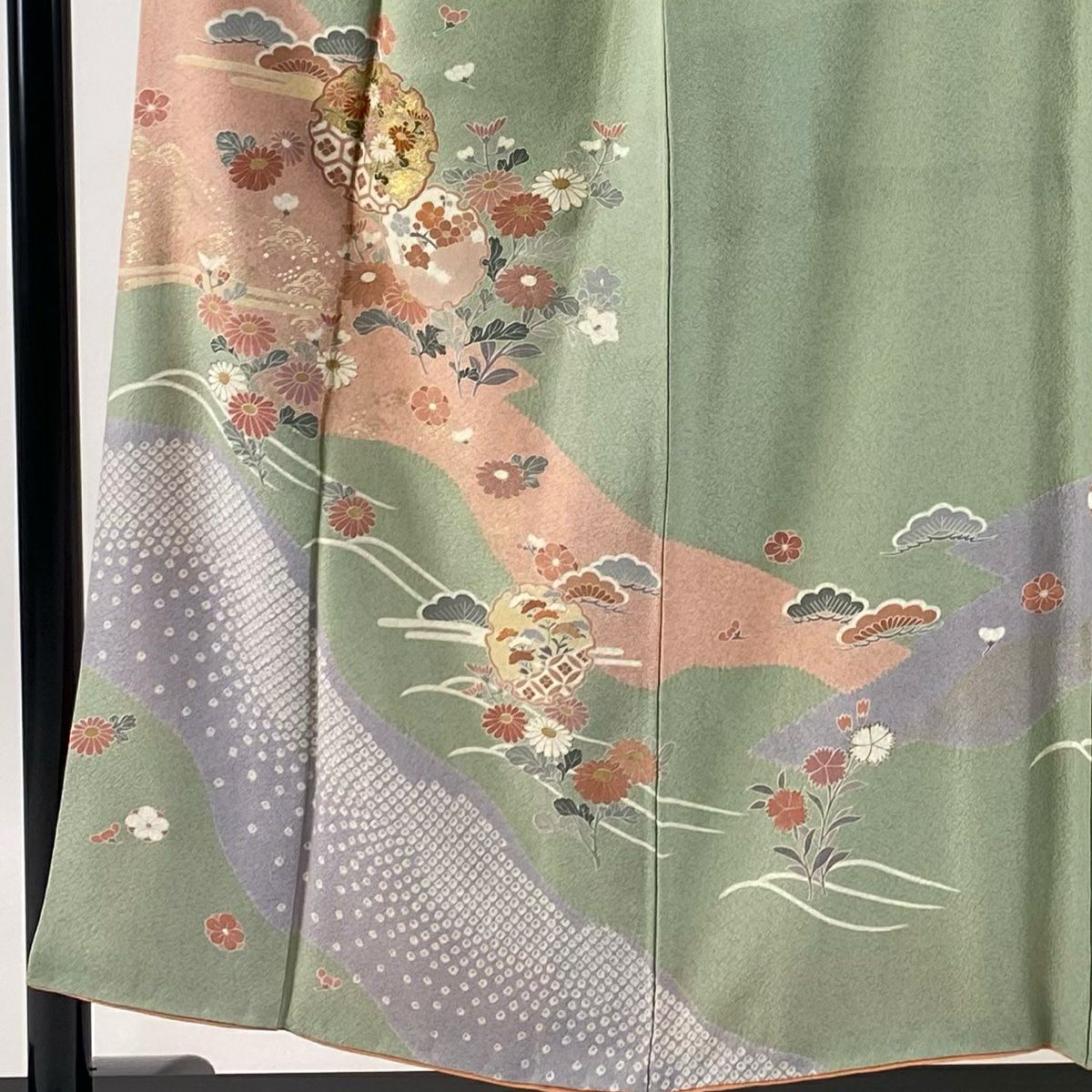 【庫存清倉】訪問服 身長151.5cm 袖長66.5cm M 雙層 雪輪 菊花花 金銀彩 染分 薄綠 純蠶絲 優品級 一個紋