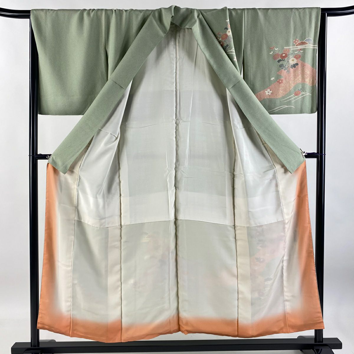 【庫存清倉】訪問服 身長151.5cm 袖長66.5cm M 雙層 雪輪 菊花花 金銀彩 染分 薄綠 純蠶絲 優品級 一個紋