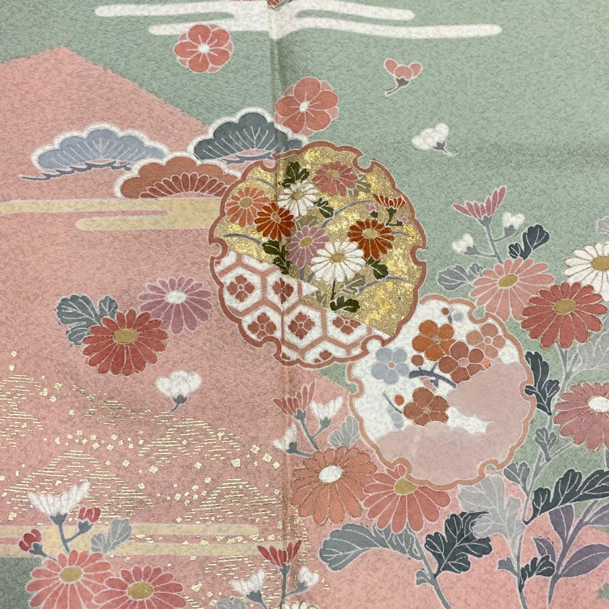 【庫存清倉】訪問服 身長151.5cm 袖長66.5cm M 雙層 雪輪 菊花花 金銀彩 染分 薄綠 純蠶絲 優品級 一個紋