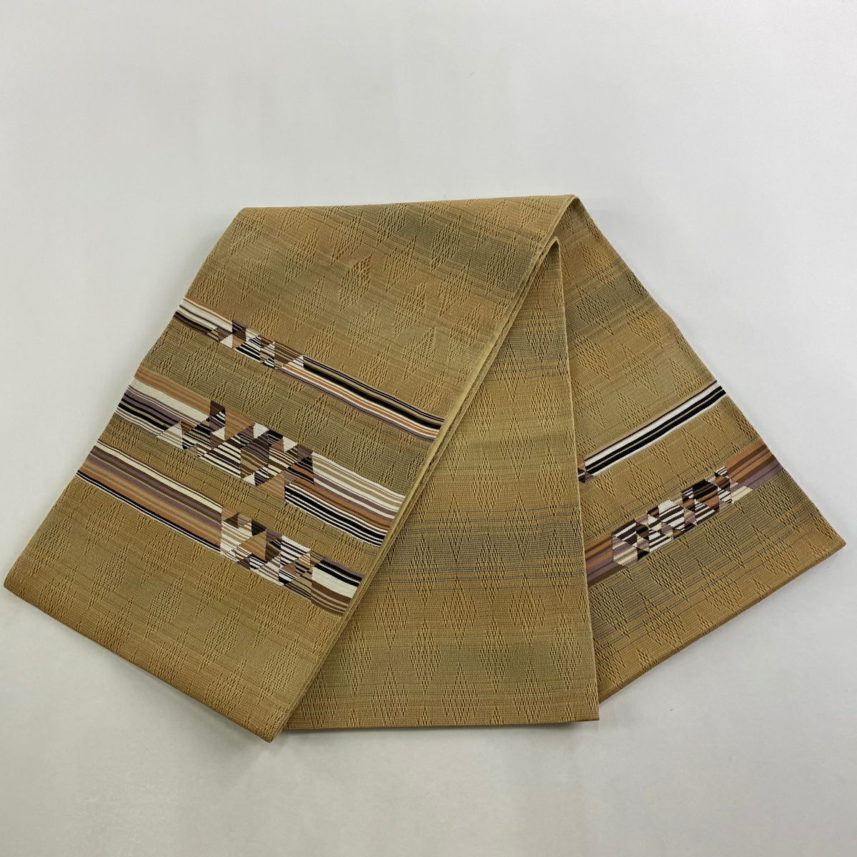 【美品】 袋帶 秀品級 縞 幾何圖案 薄茶 純蠶絲