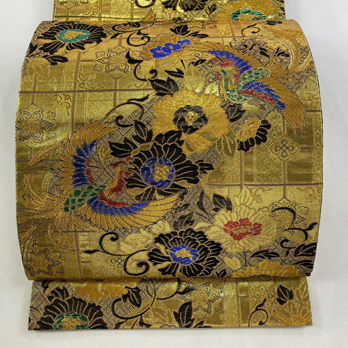 袋帶 秀品級 鳳凰 牡丹唐草紋 金金箔 金絲 金 六通 純蠶絲