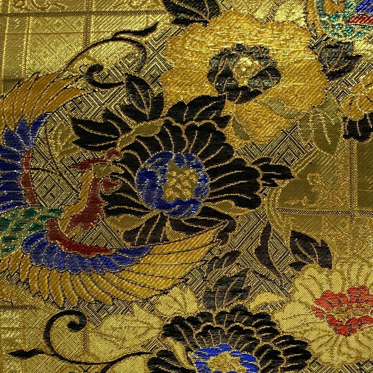 袋帶 秀品級 鳳凰 牡丹唐草紋 金金箔 金絲 金 六通 純蠶絲