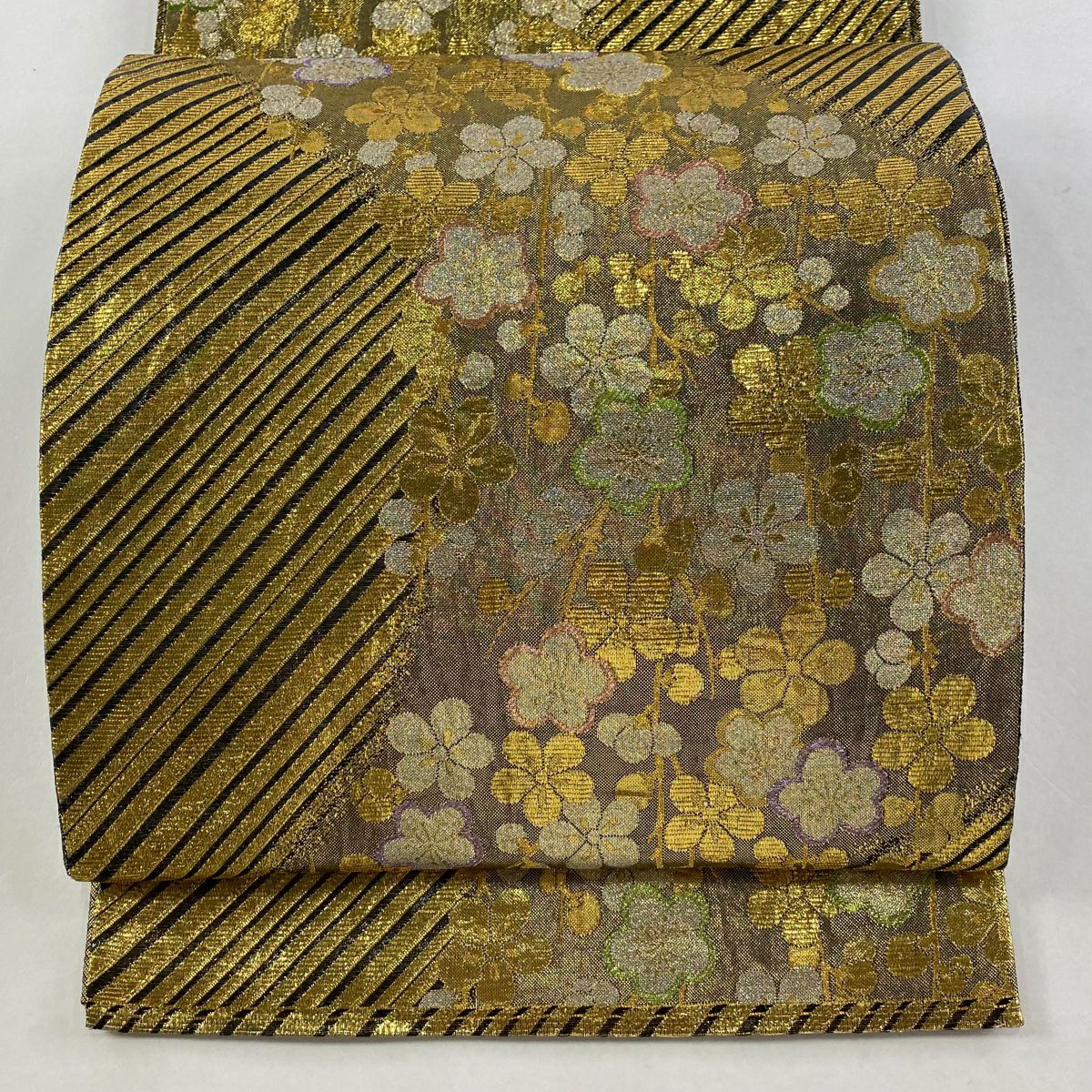 袋帶 秀品級 振袖禮服禮服用 槍梅花 金絲 金金箔 金色 六通 純蠶絲
