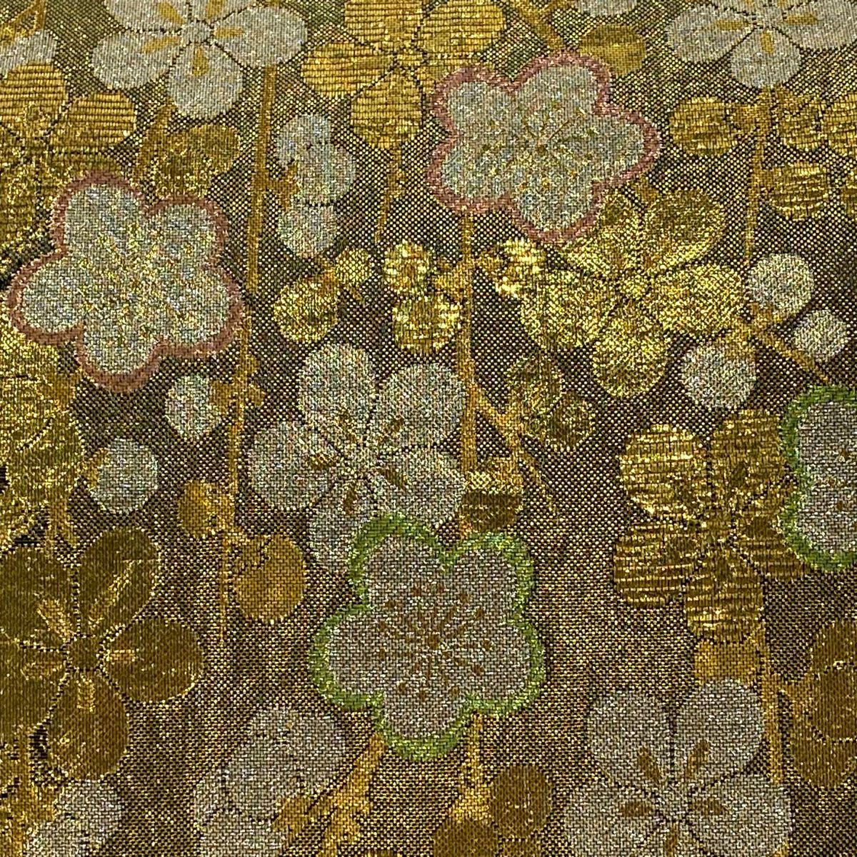 袋帶 秀品級 振袖禮服禮服用 槍梅花 金絲 金金箔 金色 六通 純蠶絲