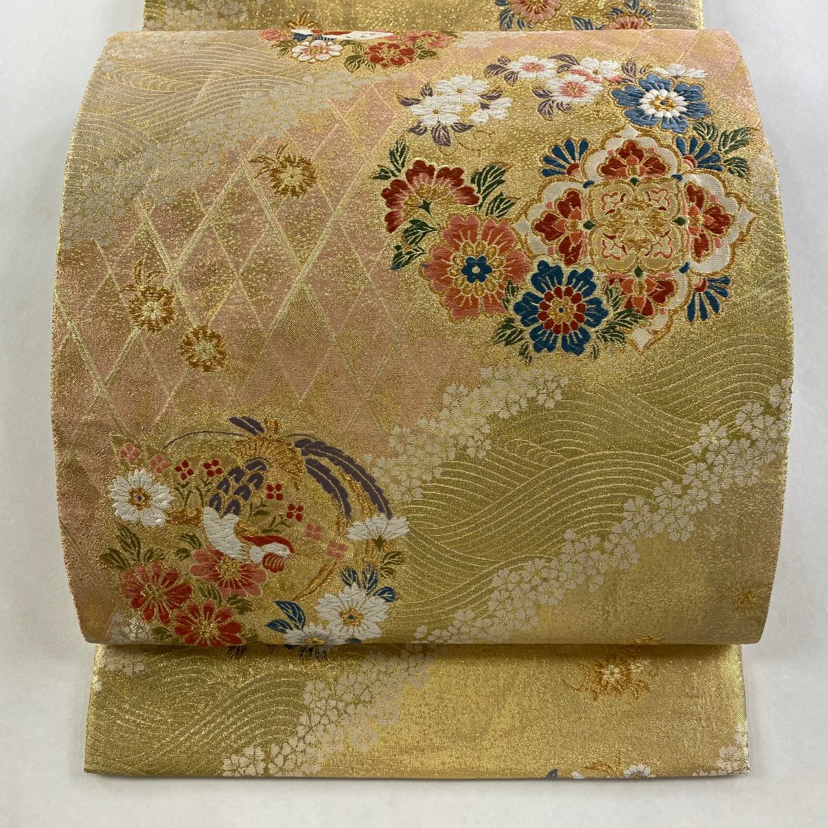 袋帶 秀品級 華紋 花丸文 金絲 金金箔 金色 大鼓圖案 純蠶絲