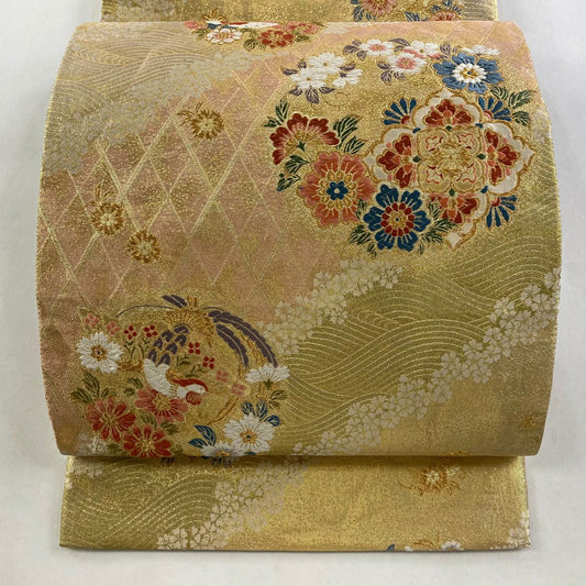 袋帶 秀品級 華紋 花丸文 金絲 金金箔 金色 大鼓圖案 純蠶絲