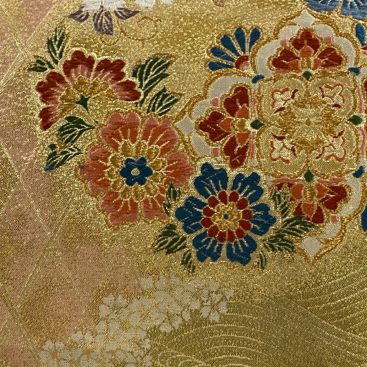 袋帶 秀品級 華紋 花丸文 金絲 金金箔 金色 大鼓圖案 純蠶絲