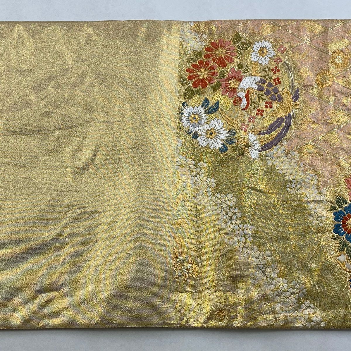 袋帶 秀品級 華紋 花丸文 金絲 金金箔 金色 大鼓圖案 純蠶絲