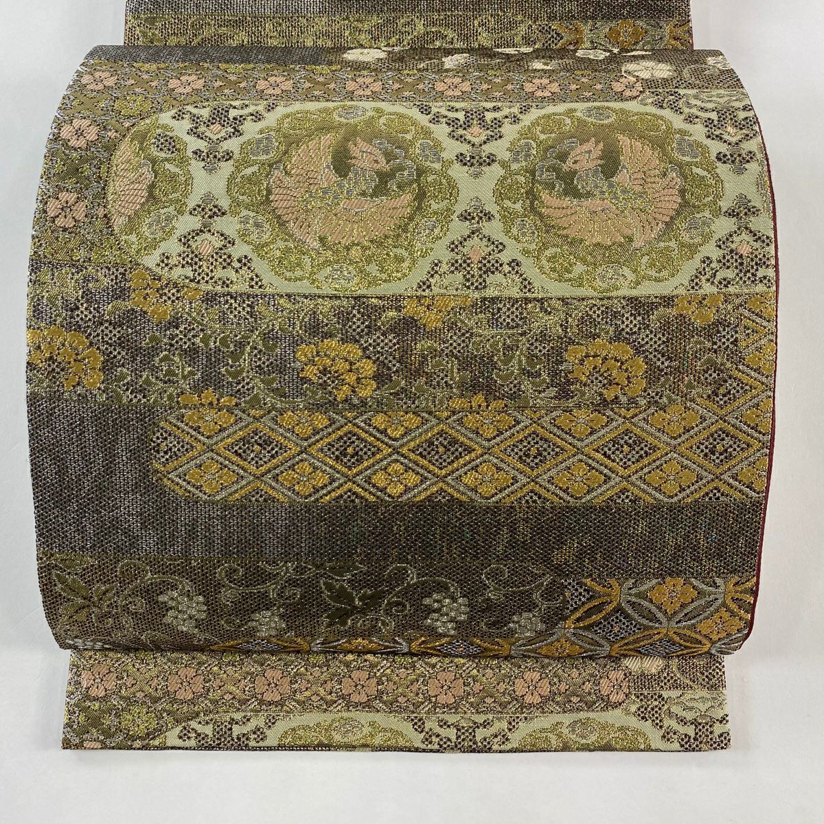 【美品】 袋帶 名品級 正倉院吉祥紋 花喰鳥 金銀線 金金箔 金茶 六通 純蠶絲