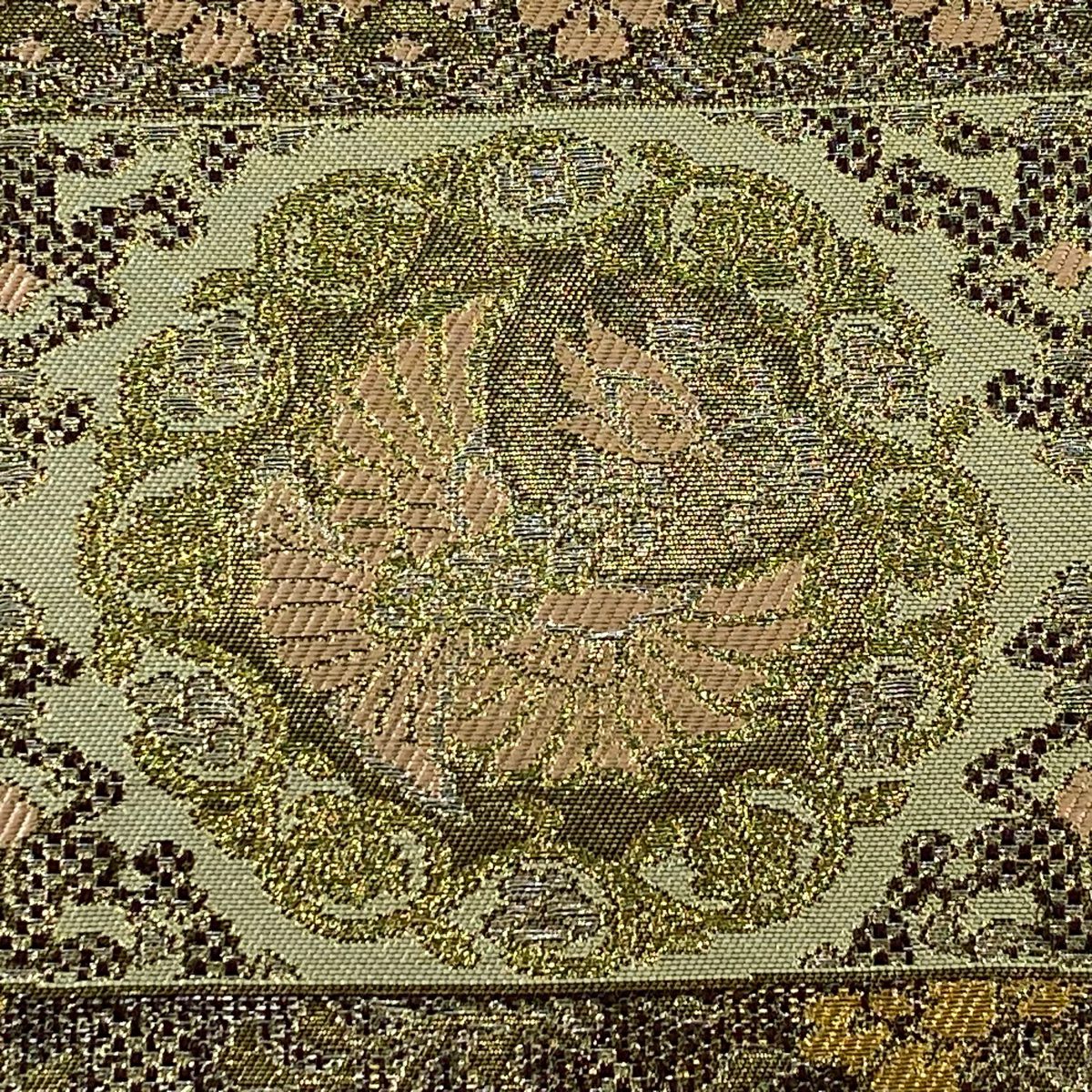 【美品】 袋帶 名品級 正倉院吉祥紋 花喰鳥 金銀線 金金箔 金茶 六通 純蠶絲