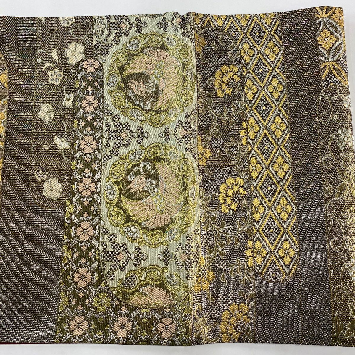 【美品】 袋帶 名品級 正倉院吉祥紋 花喰鳥 金銀線 金金箔 金茶 六通 純蠶絲