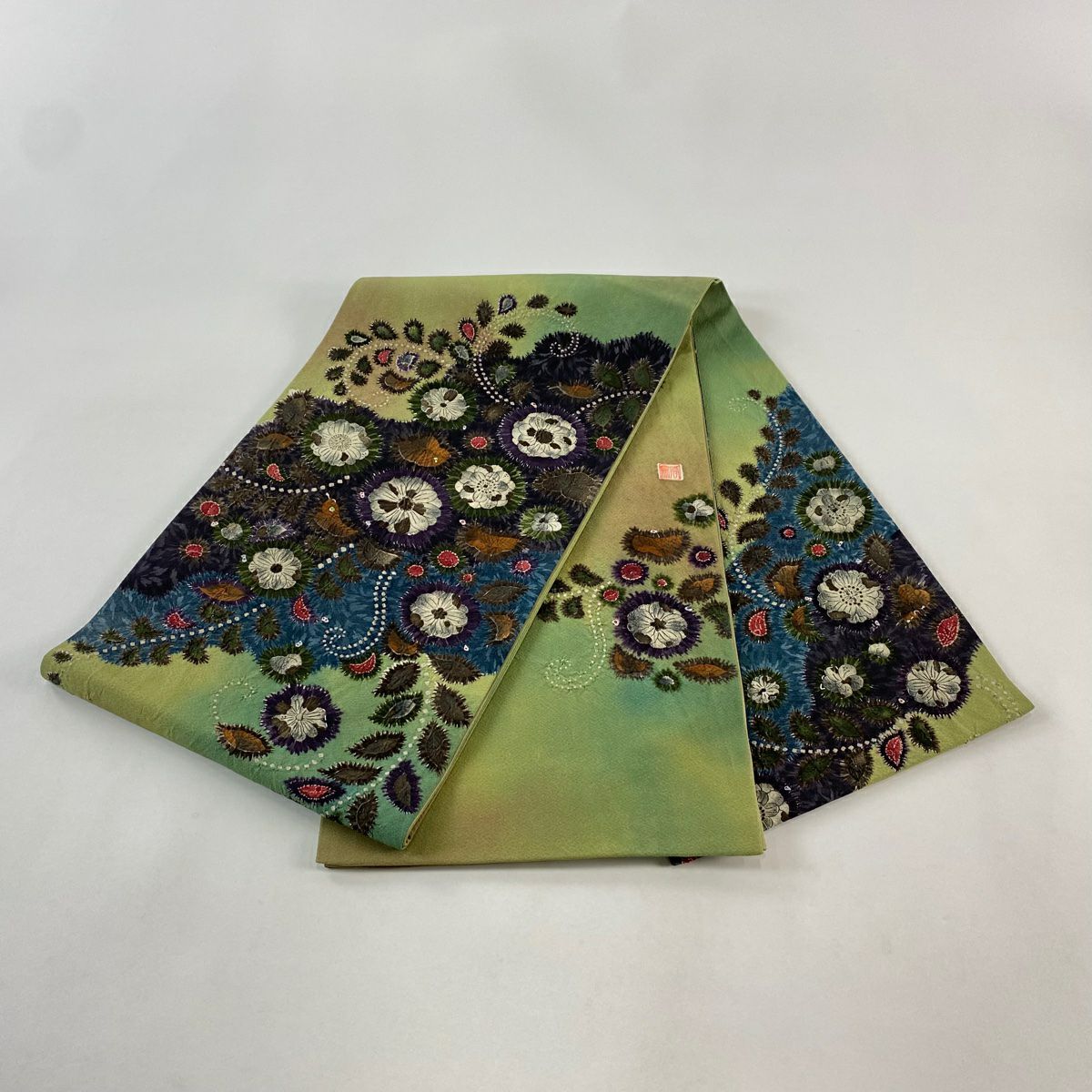 【美品】 袋帶 名品級 附落款 辻花染 艾草色 六通 純蠶絲