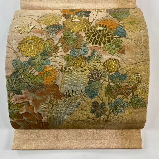 【庫存清倉】 袋帶 名品級 菊花 蝶 金銀彩 螺鈿 鮭粉色 大鼓圖案 純蠶絲