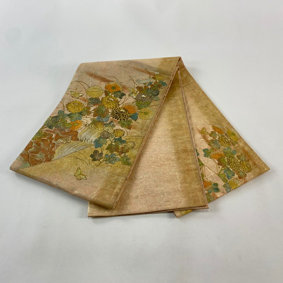 【庫存清倉】 袋帶 名品級 菊花 蝶 金銀彩 螺鈿 鮭粉色 大鼓圖案 純蠶絲